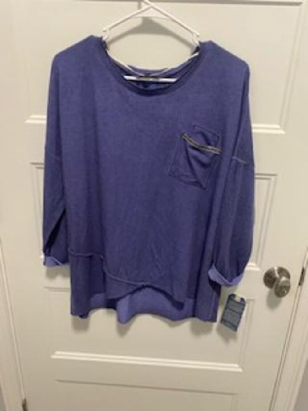 Democracy BLUE 3/4 Sleeve Tunic Pullover Top w/ Embellished Pocket - Women's L